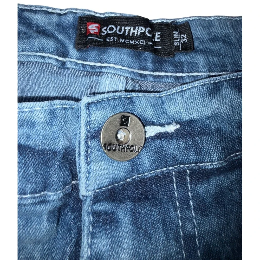 Southpole Mens Biker‎ Denim Shorts Blue Acid Wash Moto Slim Fit Size 32 Zippers
